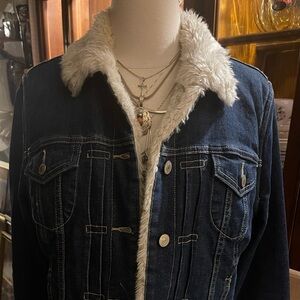 Old Navy Dark Blue Jean Jacket with Fluffy Soft Faux Fur